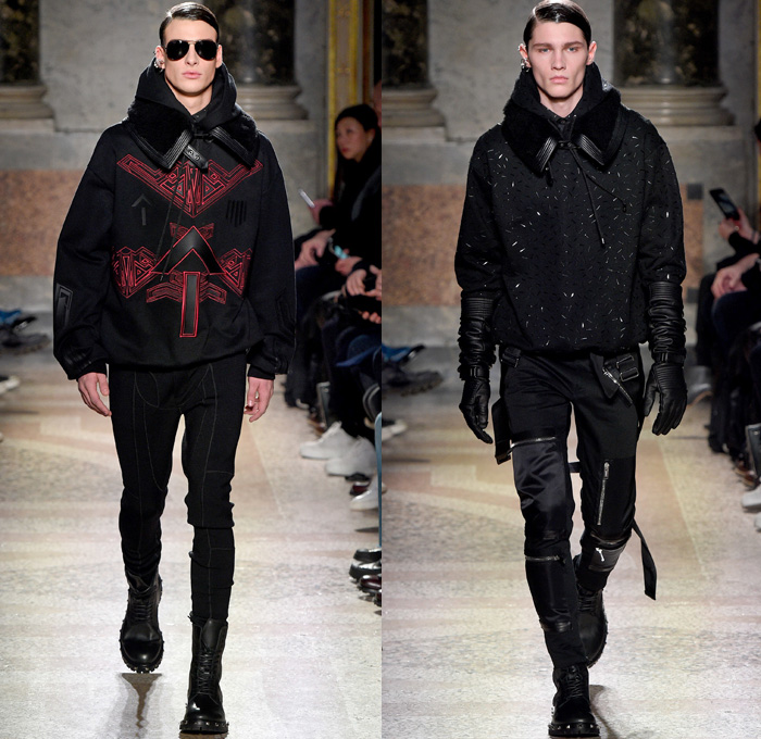 Les Hommes 2017-2018 Fall Autumn Winter Mens Runway Catwalk Looks - Milano Moda Uomo Collezione Milan Fashion Week Italy Camera Nazionale della Moda Italiana - Detachable Shearling Collar Furry Plush Gloves Gauntlet Aviator Punk Military Flight Pilot Glam Goth Harness Belts Straps Suit Blazer Jacket Pants Trousers Arrows Geometric Shapes Sheen Satin Silk Long Sleeve Shirt Skinny Neck Tie Bib Corset Vest Motorcycle Biker Rider Leather Oversized Outerwear Coat Parka Hood Sweatshirt Black Ensemble Zippers Cargo Pockets Onesie Jumpsuit Coveralls Boiler Suit Boots Leather Metallic Studs Sunglasses Shades