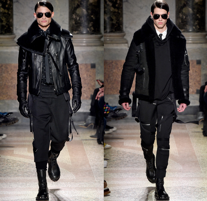 Les Hommes 2017-2018 Fall Autumn Winter Mens Runway Catwalk Looks - Milano Moda Uomo Collezione Milan Fashion Week Italy Camera Nazionale della Moda Italiana - Detachable Shearling Collar Furry Plush Gloves Gauntlet Aviator Punk Military Flight Pilot Glam Goth Harness Belts Straps Suit Blazer Jacket Pants Trousers Arrows Geometric Shapes Sheen Satin Silk Long Sleeve Shirt Skinny Neck Tie Bib Corset Vest Motorcycle Biker Rider Leather Oversized Outerwear Coat Parka Hood Sweatshirt Black Ensemble Zippers Cargo Pockets Onesie Jumpsuit Coveralls Boiler Suit Boots Leather Metallic Studs Sunglasses Shades