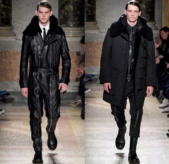 Les Hommes 2017-2018 Fall Autumn Winter Mens Runway Catwalk Looks - Milano Moda Uomo Collezione Milan Fashion Week Italy Camera Nazionale della Moda Italiana - Detachable Shearling Collar Furry Plush Gloves Gauntlet Aviator Punk Military Flight Pilot Glam Goth Harness Belts Straps Suit Blazer Jacket Pants Trousers Arrows Geometric Shapes Sheen Satin Silk Long Sleeve Shirt Skinny Neck Tie Bib Corset Vest Motorcycle Biker Rider Leather Oversized Outerwear Coat Parka Hood Sweatshirt Black Ensemble Zippers Cargo Pockets Onesie Jumpsuit Coveralls Boiler Suit Boots Leather Metallic Studs Sunglasses Shades