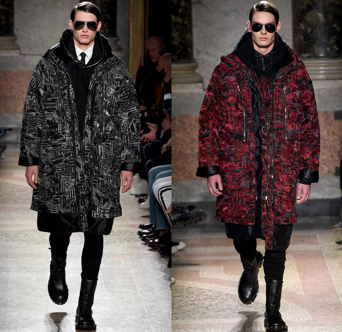 Les Hommes 2017-2018 Fall Autumn Winter Mens Runway Catwalk Looks - Milano Moda Uomo Collezione Milan Fashion Week Italy Camera Nazionale della Moda Italiana - Detachable Shearling Collar Furry Plush Gloves Gauntlet Aviator Punk Military Flight Pilot Glam Goth Harness Belts Straps Suit Blazer Jacket Pants Trousers Arrows Geometric Shapes Sheen Satin Silk Long Sleeve Shirt Skinny Neck Tie Bib Corset Vest Motorcycle Biker Rider Leather Oversized Outerwear Coat Parka Hood Sweatshirt Black Ensemble Zippers Cargo Pockets Onesie Jumpsuit Coveralls Boiler Suit Boots Leather Metallic Studs Sunglasses Shades