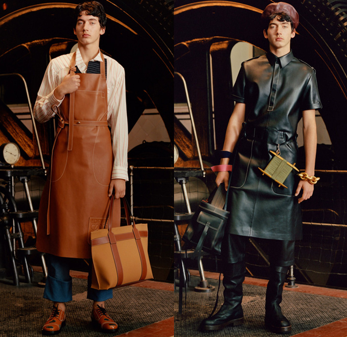 Loewe Madrid Spain 2017-2018 Fall Autumn Winter Mens Lookbook Presentation - Mode à Paris Fashion Week Mode Masculine France - Youthful Eclecticism Post-Industrial Hand Knit Chunky Aran Sweater Sailors Knots Steam Engine Factory Outerwear Trench Coat Overcoat Plush Fur Shearling Robe Suede Stripes Blouse Long Sleeve Shirt Stripes Vest Waistcoat Fringes Apron Bib Leather Spool Cardigan Patchwork Denim Jeans Beret Hat Tote Bag Roll Up Straps Boots Shoes Footwear Gloves Studs Oxfords Necklace Animal Heads Chain Duffel Messenger Bag Doodles Scarf Wool Fleece Check Velvet Colorblock