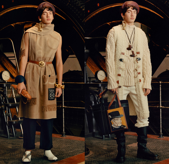 Loewe Madrid Spain 2017-2018 Fall Autumn Winter Mens Lookbook Presentation - Mode à Paris Fashion Week Mode Masculine France - Youthful Eclecticism Post-Industrial Hand Knit Chunky Aran Sweater Sailors Knots Steam Engine Factory Outerwear Trench Coat Overcoat Plush Fur Shearling Robe Suede Stripes Blouse Long Sleeve Shirt Stripes Vest Waistcoat Fringes Apron Bib Leather Spool Cardigan Patchwork Denim Jeans Beret Hat Tote Bag Roll Up Straps Boots Shoes Footwear Gloves Studs Oxfords Necklace Animal Heads Chain Duffel Messenger Bag Doodles Scarf Wool Fleece Check Velvet Colorblock