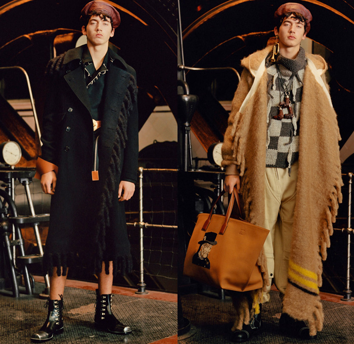 Loewe Madrid Spain 2017-2018 Fall Autumn Winter Mens Lookbook Presentation - Mode à Paris Fashion Week Mode Masculine France - Youthful Eclecticism Post-Industrial Hand Knit Chunky Aran Sweater Sailors Knots Steam Engine Factory Outerwear Trench Coat Overcoat Plush Fur Shearling Robe Suede Stripes Blouse Long Sleeve Shirt Stripes Vest Waistcoat Fringes Apron Bib Leather Spool Cardigan Patchwork Denim Jeans Beret Hat Tote Bag Roll Up Straps Boots Shoes Footwear Gloves Studs Oxfords Necklace Animal Heads Chain Duffel Messenger Bag Doodles Scarf Wool Fleece Check Velvet Colorblock
