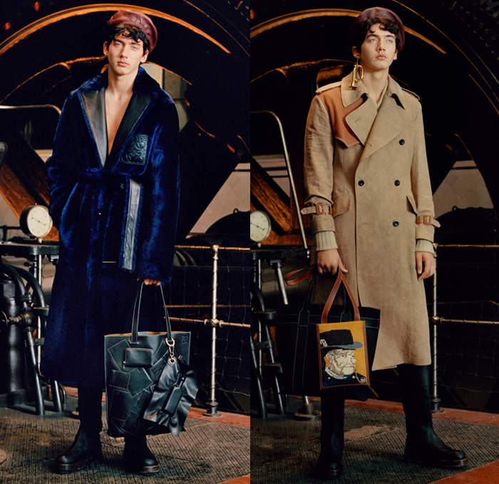 Loewe Madrid Spain 2017-2018 Fall Autumn Winter Mens Lookbook Presentation - Mode à Paris Fashion Week Mode Masculine France - Youthful Eclecticism Post-Industrial Hand Knit Chunky Aran Sweater Sailors Knots Steam Engine Factory Outerwear Trench Coat Overcoat Plush Fur Shearling Robe Suede Stripes Blouse Long Sleeve Shirt Stripes Vest Waistcoat Fringes Apron Bib Leather Spool Cardigan Patchwork Denim Jeans Beret Hat Tote Bag Roll Up Straps Boots Shoes Footwear Gloves Studs Oxfords Necklace Animal Heads Chain Duffel Messenger Bag Doodles Scarf Wool Fleece Check Velvet Colorblock