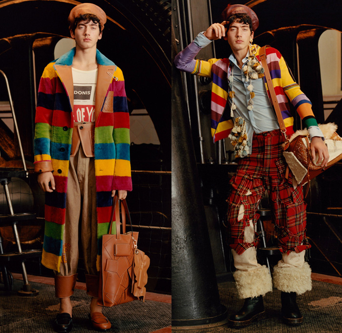 Loewe Madrid Spain 2017-2018 Fall Autumn Winter Mens Lookbook Presentation - Mode à Paris Fashion Week Mode Masculine France - Youthful Eclecticism Post-Industrial Hand Knit Chunky Aran Sweater Sailors Knots Steam Engine Factory Outerwear Trench Coat Overcoat Plush Fur Shearling Robe Suede Stripes Blouse Long Sleeve Shirt Stripes Vest Waistcoat Fringes Apron Bib Leather Spool Cardigan Patchwork Denim Jeans Beret Hat Tote Bag Roll Up Straps Boots Shoes Footwear Gloves Studs Oxfords Necklace Animal Heads Chain Duffel Messenger Bag Doodles Scarf Wool Fleece Check Velvet Colorblock