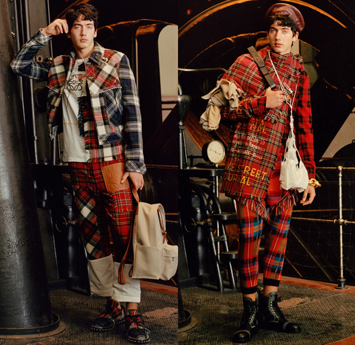Loewe Madrid Spain 2017-2018 Fall Autumn Winter Mens Lookbook Presentation - Mode à Paris Fashion Week Mode Masculine France - Youthful Eclecticism Post-Industrial Hand Knit Chunky Aran Sweater Sailors Knots Steam Engine Factory Outerwear Trench Coat Overcoat Plush Fur Shearling Robe Suede Stripes Blouse Long Sleeve Shirt Stripes Vest Waistcoat Fringes Apron Bib Leather Spool Cardigan Patchwork Denim Jeans Beret Hat Tote Bag Roll Up Straps Boots Shoes Footwear Gloves Studs Oxfords Necklace Animal Heads Chain Duffel Messenger Bag Doodles Scarf Wool Fleece Check Velvet Colorblock