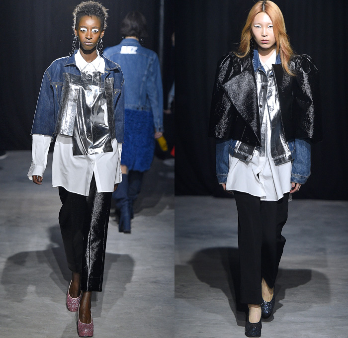 Lutz Huelle 2017-2018 Fall Autumn Winter Womens Runway Catwalk Looks - Mode à Paris Fashion Week Mode Féminin France - Hybrid Half & Half Split Panels Denim Jeans Hanging Sleeve Trucker Bomber Jacket Acid Wash Cargo Pockets Long Sleeve Shirtdress Plush Fur Shearling Outerwear Coat Maxi Dress Silk Satin Tweed Waffle Quilted Puffer Down Material Metallic Silver Leg O'Mutton Sleeves Bell Hem Cropped Pants Embroidery Bedazzled Sequins Knitwear Sweater Oversized Exaggerated Proportions Pointed Shoulders Gauntlet Gloves Chain Necklace Earrings Below The Knee Boots