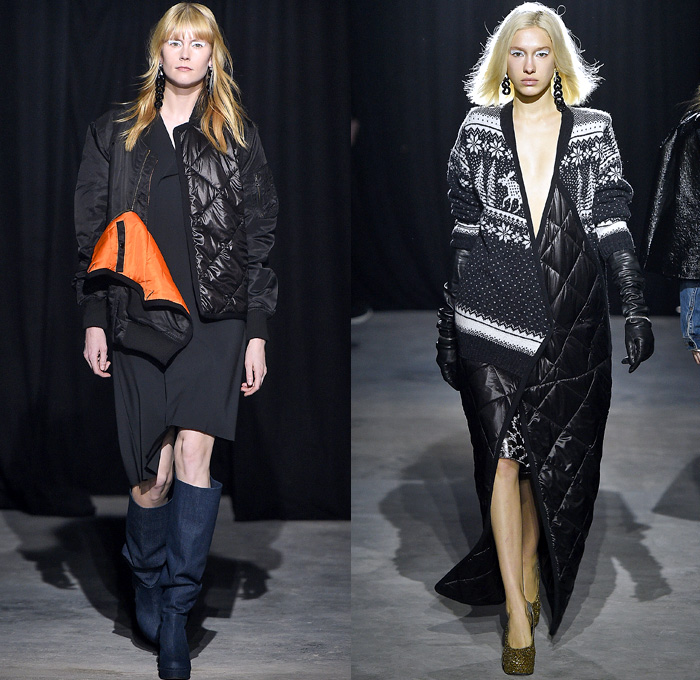 Lutz Huelle 2017-2018 Fall Autumn Winter Womens Runway Catwalk Looks - Mode à Paris Fashion Week Mode Féminin France - Hybrid Half & Half Split Panels Denim Jeans Hanging Sleeve Trucker Bomber Jacket Acid Wash Cargo Pockets Long Sleeve Shirtdress Plush Fur Shearling Outerwear Coat Maxi Dress Silk Satin Tweed Waffle Quilted Puffer Down Material Metallic Silver Leg O'Mutton Sleeves Bell Hem Cropped Pants Embroidery Bedazzled Sequins Knitwear Sweater Oversized Exaggerated Proportions Pointed Shoulders Gauntlet Gloves Chain Necklace Earrings Below The Knee Boots