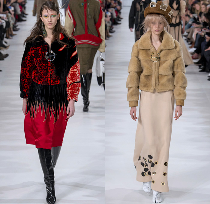 Maison Margiela 2017-2018 Fall Autumn Winter Womens Runway Catwalk Looks - Mode à Paris Fashion Week Mode Féminin France - Political Diversity Creative Freedom Marilyn Monroe Old West Military Lasercut Perforated Cutout Layers Herringbone Tweed Velvet Sheer Chiffon Tulle Silk Satin Lace Oversized Outerwear Trench Coat Decorative Art Tribal Geometric Snakeskin Bomber Jacket Mix Match Mash Up Patchwork Embroidery Adorned Decorated Bedazzled Metallic Studs Sequins Knit Crochet Weave Grommets High Waisted Slim Denim Jeans Flames Ruffles Plaid Check Fringes Drapery Frayed Raw Hem Bearskin Bag Tall Fur Plush Cap Hat Handbag Safety Pin Foil Boots