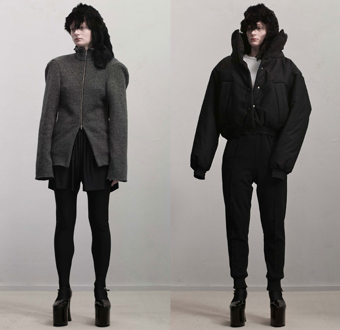 Melitta Baumeister 2017-2018 Fall Autumn Winter Womens Lookbook Presentation - Mode à Paris Fashion Week Mode Féminin France - Minimalist Polar Fleece Cushioned Frankenstein Football High Padded Shoulders Drawstring Zipper Turtleneck Coatdress Oversized Outerwear Coat Sleek Bonded Leather Pillow Comforter Quilted Puffer Down Jacket Black Dark Neutrals White Ensemble Wrap Around Tie Up Shawl Stripes Accordion Pleats Ruffles Dress Skirt Frock Vest Waistcoat Blouse Shorts Over Leggings Raw Dry Selvedge Denim Jeans Trucker Leggings Tights Platform Shoes Fur Wig Tote Bag