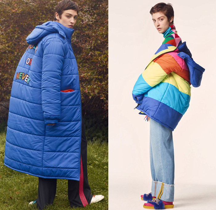 Mira Mikati 2017-2018 Fall Autumn Winter Womens Lookbook Presentation - Mode à Paris Fashion Week Mode Féminin France - Forever Or Never The Middle Of Nowhere Under The Rainbow Girl Scout Mira Camp Never Grow Up Pop Art Crayon Stripes Hues Khaki Badges Emblems Patches Medals Oversized Outerwear Coat Quilted Waffle Puffer Down Hooded Parka Poncho Cloak Turtleneck Ribbed Chunky Knit Cardigan Sweater Vest Embroidery Bedazzled Sequins Bomber Jacket Long Sleeve Blouse Midi Skirt Sweatshirt Harlequin Check Wool Fringes Roll Up Denim Jeans Tuxedo Stripe Furry Slippers Socks Lace Up