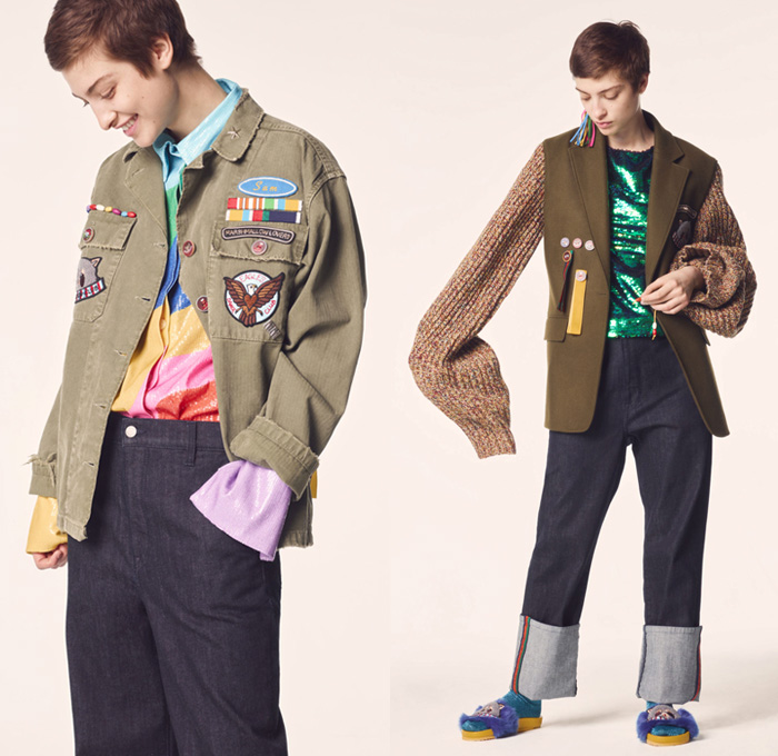 Mira Mikati 2017-2018 Fall Autumn Winter Womens Lookbook Presentation - Mode à Paris Fashion Week Mode Féminin France - Forever Or Never The Middle Of Nowhere Under The Rainbow Girl Scout Mira Camp Never Grow Up Pop Art Crayon Stripes Hues Khaki Badges Emblems Patches Medals Oversized Outerwear Coat Quilted Waffle Puffer Down Hooded Parka Poncho Cloak Turtleneck Ribbed Chunky Knit Cardigan Sweater Vest Embroidery Bedazzled Sequins Bomber Jacket Long Sleeve Blouse Midi Skirt Sweatshirt Harlequin Check Wool Fringes Roll Up Denim Jeans Tuxedo Stripe Furry Slippers Socks Lace Up