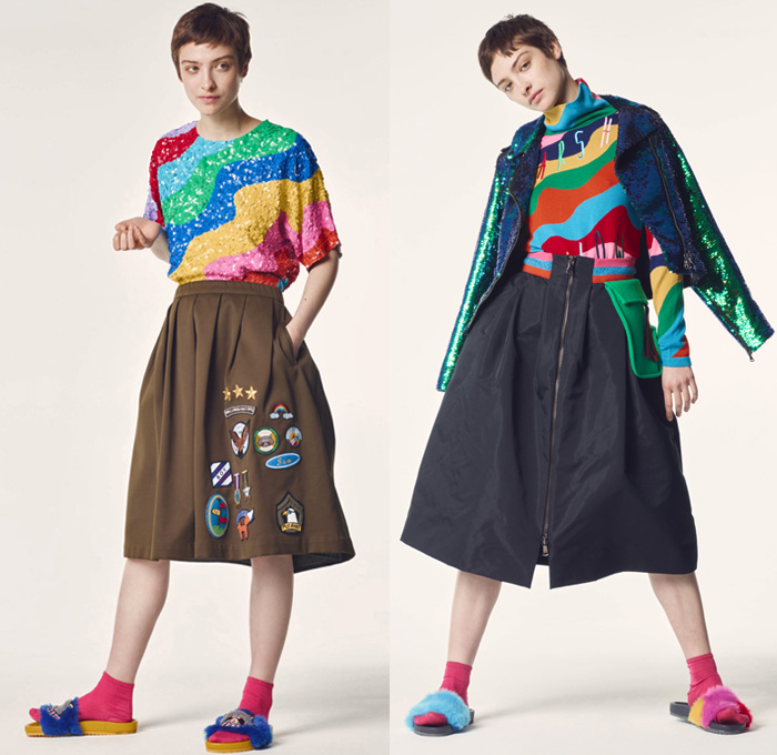 Mira Mikati 2017-2018 Fall Autumn Winter Womens Lookbook Presentation - Mode à Paris Fashion Week Mode Féminin France - Forever Or Never The Middle Of Nowhere Under The Rainbow Girl Scout Mira Camp Never Grow Up Pop Art Crayon Stripes Hues Khaki Badges Emblems Patches Medals Oversized Outerwear Coat Quilted Waffle Puffer Down Hooded Parka Poncho Cloak Turtleneck Ribbed Chunky Knit Cardigan Sweater Vest Embroidery Bedazzled Sequins Bomber Jacket Long Sleeve Blouse Midi Skirt Sweatshirt Harlequin Check Wool Fringes Roll Up Denim Jeans Tuxedo Stripe Furry Slippers Socks Lace Up