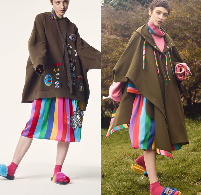 Mira Mikati 2017-2018 Fall Autumn Winter Womens Lookbook Presentation - Mode à Paris Fashion Week Mode Féminin France - Forever Or Never The Middle Of Nowhere Under The Rainbow Girl Scout Mira Camp Never Grow Up Pop Art Crayon Stripes Hues Khaki Badges Emblems Patches Medals Oversized Outerwear Coat Quilted Waffle Puffer Down Hooded Parka Poncho Cloak Turtleneck Ribbed Chunky Knit Cardigan Sweater Vest Embroidery Bedazzled Sequins Bomber Jacket Long Sleeve Blouse Midi Skirt Sweatshirt Harlequin Check Wool Fringes Roll Up Denim Jeans Tuxedo Stripe Furry Slippers Socks Lace Up