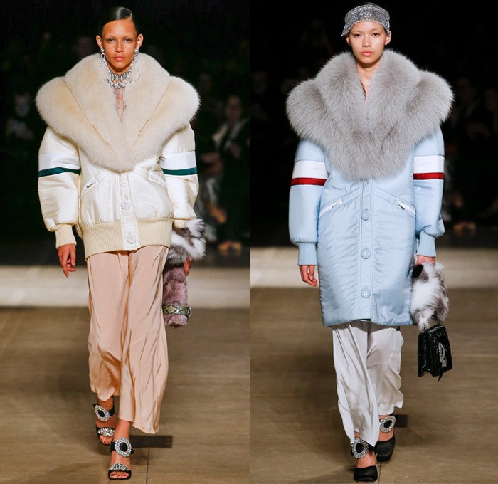 Miu Miu 2017-2018 Fall Autumn Winter Womens Runway Catwalk Looks - Mode à Paris Fashion Week Mode Féminin France - 1920s Twenties Speakeasy The Prohibition Flapper Dress Art Deco 1940s 1960s Mod 1970s Embroidery Bedazzled Jewels Sequins Plush Fur Shearling Shawl Outerwear Coat Bomber Quilted Puffer Down Jacket Knit Sweater Turtleneck Cardigan Plaid Tartan Windowpane Check Gold Metallic Tiger Stripes Skirt Blouse Frankenstein Football High Shoulders Leg O'Mutton Sleeves Telephone Cats Pop Art Motif Silk Satin Accordion Pleats Flowers Floral Leaves Foliage Petals Noodle Strap Fringes Feathers Plastic Raincoat Outline Onesie Jumpsuit Coveralls Sleepwear Pajamas Lounge Russian Ushanka Ear Hat Newspaperboy Cap Baker Boy Applejack Hat Earrings Arm Warmers Gloves Handbag Equestrian Riding Boots Snakeskin Belts Straps Purse Clutch Zippers Wool Nylon Colored Sunglasses