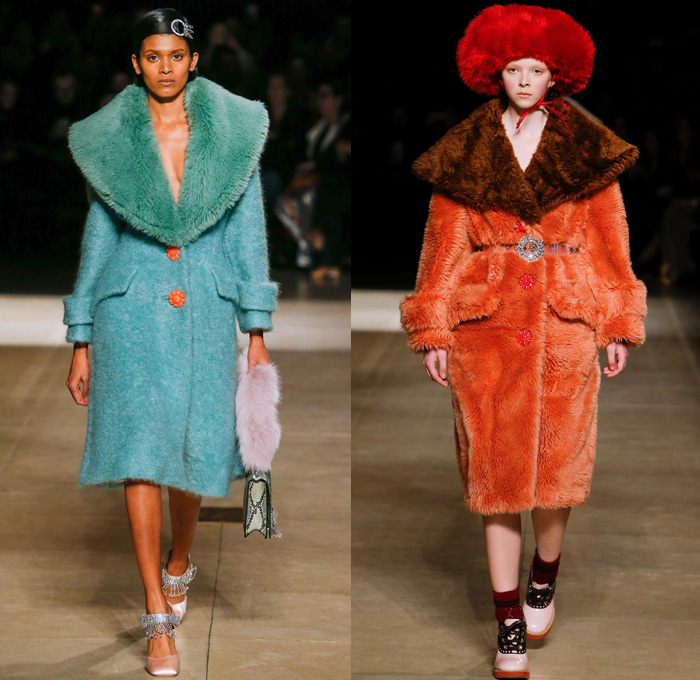 Miu Miu 2017-2018 Fall Autumn Winter Womens Runway Catwalk Looks - Mode à Paris Fashion Week Mode Féminin France - 1920s Twenties Speakeasy The Prohibition Flapper Dress Art Deco 1940s 1960s Mod 1970s Embroidery Bedazzled Jewels Sequins Plush Fur Shearling Shawl Outerwear Coat Bomber Quilted Puffer Down Jacket Knit Sweater Turtleneck Cardigan Plaid Tartan Windowpane Check Gold Metallic Tiger Stripes Skirt Blouse Frankenstein Football High Shoulders Leg O'Mutton Sleeves Telephone Cats Pop Art Motif Silk Satin Accordion Pleats Flowers Floral Leaves Foliage Petals Noodle Strap Fringes Feathers Plastic Raincoat Outline Onesie Jumpsuit Coveralls Sleepwear Pajamas Lounge Russian Ushanka Ear Hat Newspaperboy Cap Baker Boy Applejack Hat Earrings Arm Warmers Gloves Handbag Equestrian Riding Boots Snakeskin Belts Straps Purse Clutch Zippers Wool Nylon Colored Sunglasses