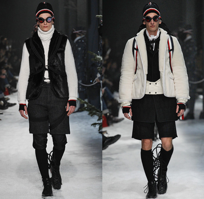 Moncler Gamme Bleu 2017-2018 Fall Autumn Winter Mens Runway Catwalk Looks - Milano Moda Uomo Collezione Milan Fashion Week Italy Thom Browne - Mountain Climbing Activewear Outdoorsman Hiking Trek Bound Tied Up Laced Legs Carabiners Lattice Ropes Cables Cords Net Mesh Tweed Herringbone Intarsia Outerwear Coat Parka Blazer Quilted Waffle Puffer Down Jacket Furry Plush Vest Waistcoat Gilet Chunky Knit Sweater Jumper Turtleneck Fleece Wool Stripes Wide Leg Trousers Baseball Knit Shorts Over Pants Cap Beanie Sunglasses Socks Tucked In Tri-color Backpack Bag Mask Beard Gloves Snow