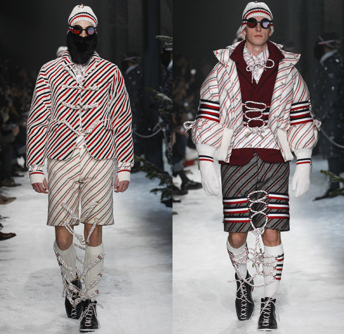 Moncler Gamme Bleu 2017-2018 Fall Autumn Winter Mens Runway Catwalk Looks - Milano Moda Uomo Collezione Milan Fashion Week Italy Thom Browne - Mountain Climbing Activewear Outdoorsman Hiking Trek Bound Tied Up Laced Legs Carabiners Lattice Ropes Cables Cords Net Mesh Tweed Herringbone Intarsia Outerwear Coat Parka Blazer Quilted Waffle Puffer Down Jacket Furry Plush Vest Waistcoat Gilet Chunky Knit Sweater Jumper Turtleneck Fleece Wool Stripes Wide Leg Trousers Baseball Knit Shorts Over Pants Cap Beanie Sunglasses Socks Tucked In Tri-color Backpack Bag Mask Beard Gloves Snow