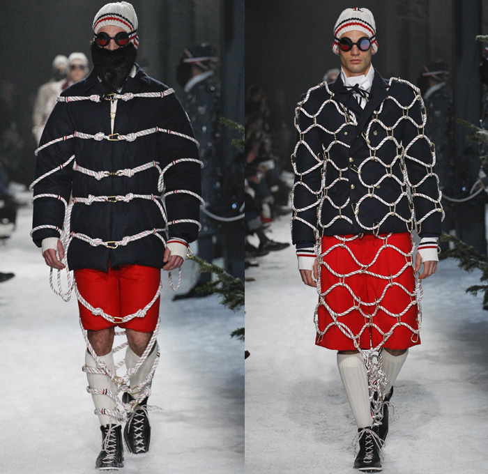 Moncler Gamme Bleu 2017-2018 Fall Autumn Winter Mens Runway Catwalk Looks - Milano Moda Uomo Collezione Milan Fashion Week Italy Thom Browne - Mountain Climbing Activewear Outdoorsman Hiking Trek Bound Tied Up Laced Legs Carabiners Lattice Ropes Cables Cords Net Mesh Tweed Herringbone Intarsia Outerwear Coat Parka Blazer Quilted Waffle Puffer Down Jacket Furry Plush Vest Waistcoat Gilet Chunky Knit Sweater Jumper Turtleneck Fleece Wool Stripes Wide Leg Trousers Baseball Knit Shorts Over Pants Cap Beanie Sunglasses Socks Tucked In Tri-color Backpack Bag Mask Beard Gloves Snow