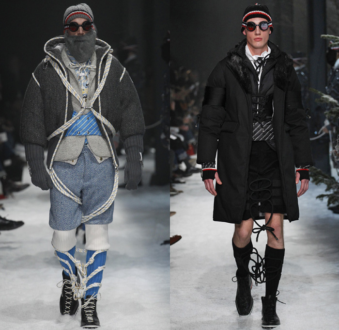 Moncler Gamme Bleu 2017-2018 Fall Autumn Winter Mens Runway Catwalk Looks - Milano Moda Uomo Collezione Milan Fashion Week Italy Thom Browne - Mountain Climbing Activewear Outdoorsman Hiking Trek Bound Tied Up Laced Legs Carabiners Lattice Ropes Cables Cords Net Mesh Tweed Herringbone Intarsia Outerwear Coat Parka Blazer Quilted Waffle Puffer Down Jacket Furry Plush Vest Waistcoat Gilet Chunky Knit Sweater Jumper Turtleneck Fleece Wool Stripes Wide Leg Trousers Baseball Knit Shorts Over Pants Cap Beanie Sunglasses Socks Tucked In Tri-color Backpack Bag Mask Beard Gloves Snow