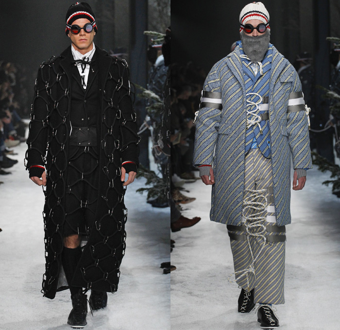 Moncler Gamme Bleu 2017-2018 Fall Autumn Winter Mens Runway Catwalk Looks - Milano Moda Uomo Collezione Milan Fashion Week Italy Thom Browne - Mountain Climbing Activewear Outdoorsman Hiking Trek Bound Tied Up Laced Legs Carabiners Lattice Ropes Cables Cords Net Mesh Tweed Herringbone Intarsia Outerwear Coat Parka Blazer Quilted Waffle Puffer Down Jacket Furry Plush Vest Waistcoat Gilet Chunky Knit Sweater Jumper Turtleneck Fleece Wool Stripes Wide Leg Trousers Baseball Knit Shorts Over Pants Cap Beanie Sunglasses Socks Tucked In Tri-color Backpack Bag Mask Beard Gloves Snow