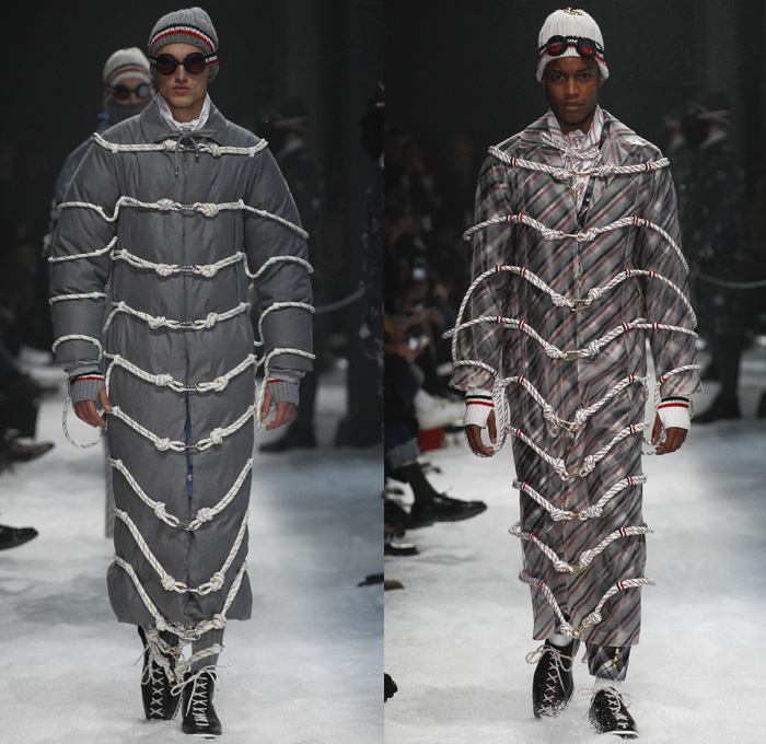 Moncler Gamme Bleu 2017-2018 Fall Autumn Winter Mens Runway Catwalk Looks - Milano Moda Uomo Collezione Milan Fashion Week Italy Thom Browne - Mountain Climbing Activewear Outdoorsman Hiking Trek Bound Tied Up Laced Legs Carabiners Lattice Ropes Cables Cords Net Mesh Tweed Herringbone Intarsia Outerwear Coat Parka Blazer Quilted Waffle Puffer Down Jacket Furry Plush Vest Waistcoat Gilet Chunky Knit Sweater Jumper Turtleneck Fleece Wool Stripes Wide Leg Trousers Baseball Knit Shorts Over Pants Cap Beanie Sunglasses Socks Tucked In Tri-color Backpack Bag Mask Beard Gloves Snow