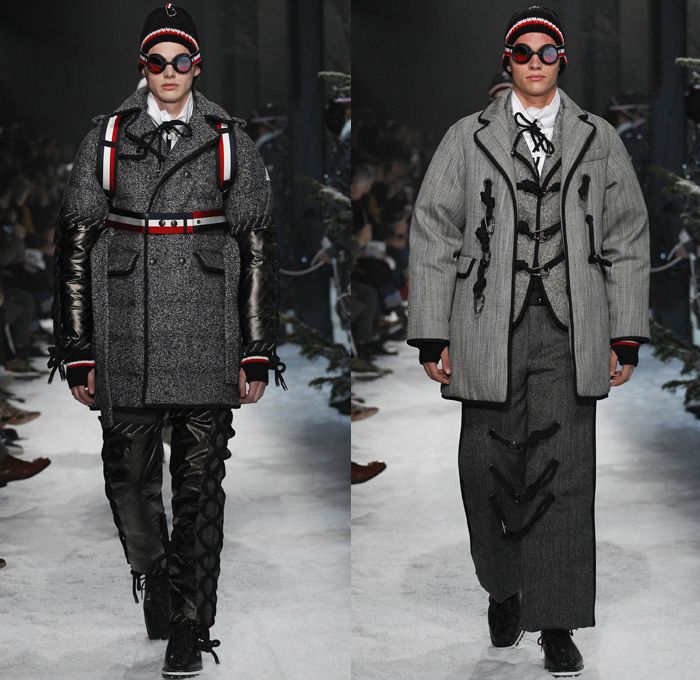 Moncler Gamme Bleu 2017-2018 Fall Autumn Winter Mens Runway Catwalk Looks - Milano Moda Uomo Collezione Milan Fashion Week Italy Thom Browne - Mountain Climbing Activewear Outdoorsman Hiking Trek Bound Tied Up Laced Legs Carabiners Lattice Ropes Cables Cords Net Mesh Tweed Herringbone Intarsia Outerwear Coat Parka Blazer Quilted Waffle Puffer Down Jacket Furry Plush Vest Waistcoat Gilet Chunky Knit Sweater Jumper Turtleneck Fleece Wool Stripes Wide Leg Trousers Baseball Knit Shorts Over Pants Cap Beanie Sunglasses Socks Tucked In Tri-color Backpack Bag Mask Beard Gloves Snow