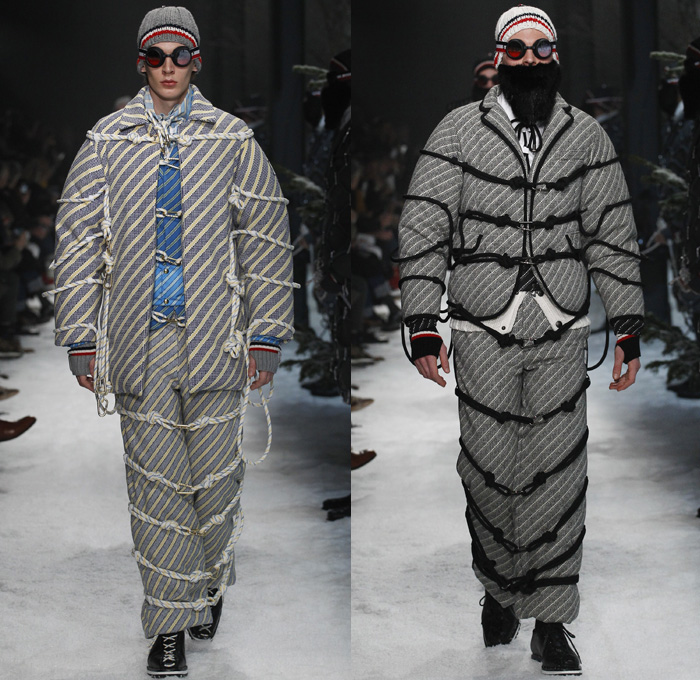 Moncler Gamme Bleu 2017-2018 Fall Autumn Winter Mens Runway Catwalk Looks - Milano Moda Uomo Collezione Milan Fashion Week Italy Thom Browne - Mountain Climbing Activewear Outdoorsman Hiking Trek Bound Tied Up Laced Legs Carabiners Lattice Ropes Cables Cords Net Mesh Tweed Herringbone Intarsia Outerwear Coat Parka Blazer Quilted Waffle Puffer Down Jacket Furry Plush Vest Waistcoat Gilet Chunky Knit Sweater Jumper Turtleneck Fleece Wool Stripes Wide Leg Trousers Baseball Knit Shorts Over Pants Cap Beanie Sunglasses Socks Tucked In Tri-color Backpack Bag Mask Beard Gloves Snow