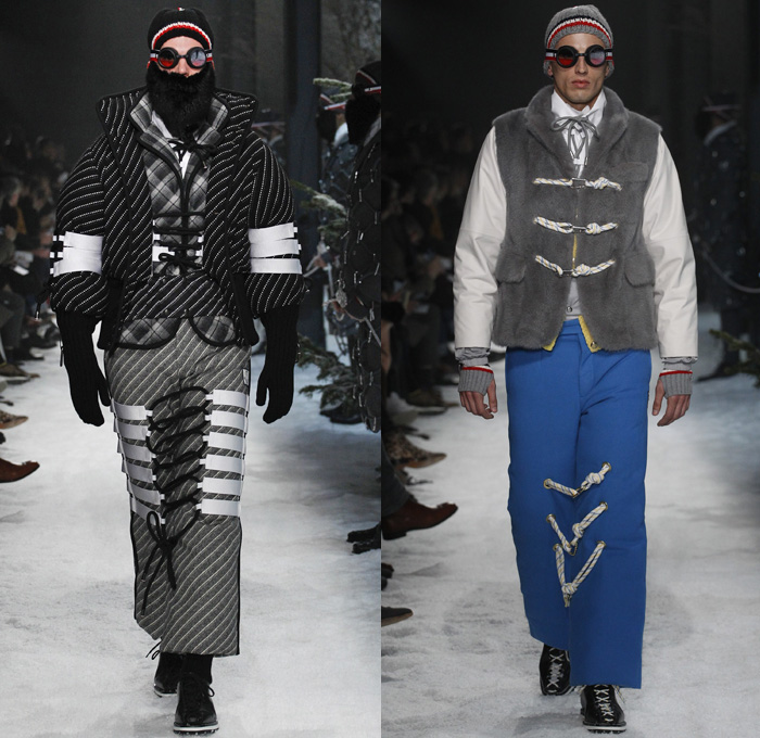 Moncler Gamme Bleu 2017-2018 Fall Autumn Winter Mens Runway Catwalk Looks - Milano Moda Uomo Collezione Milan Fashion Week Italy Thom Browne - Mountain Climbing Activewear Outdoorsman Hiking Trek Bound Tied Up Laced Legs Carabiners Lattice Ropes Cables Cords Net Mesh Tweed Herringbone Intarsia Outerwear Coat Parka Blazer Quilted Waffle Puffer Down Jacket Furry Plush Vest Waistcoat Gilet Chunky Knit Sweater Jumper Turtleneck Fleece Wool Stripes Wide Leg Trousers Baseball Knit Shorts Over Pants Cap Beanie Sunglasses Socks Tucked In Tri-color Backpack Bag Mask Beard Gloves Snow