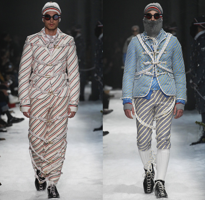 Moncler Gamme Bleu 2017-2018 Fall Autumn Winter Mens Runway Catwalk Looks - Milano Moda Uomo Collezione Milan Fashion Week Italy Thom Browne - Mountain Climbing Activewear Outdoorsman Hiking Trek Bound Tied Up Laced Legs Carabiners Lattice Ropes Cables Cords Net Mesh Tweed Herringbone Intarsia Outerwear Coat Parka Blazer Quilted Waffle Puffer Down Jacket Furry Plush Vest Waistcoat Gilet Chunky Knit Sweater Jumper Turtleneck Fleece Wool Stripes Wide Leg Trousers Baseball Knit Shorts Over Pants Cap Beanie Sunglasses Socks Tucked In Tri-color Backpack Bag Mask Beard Gloves Snow