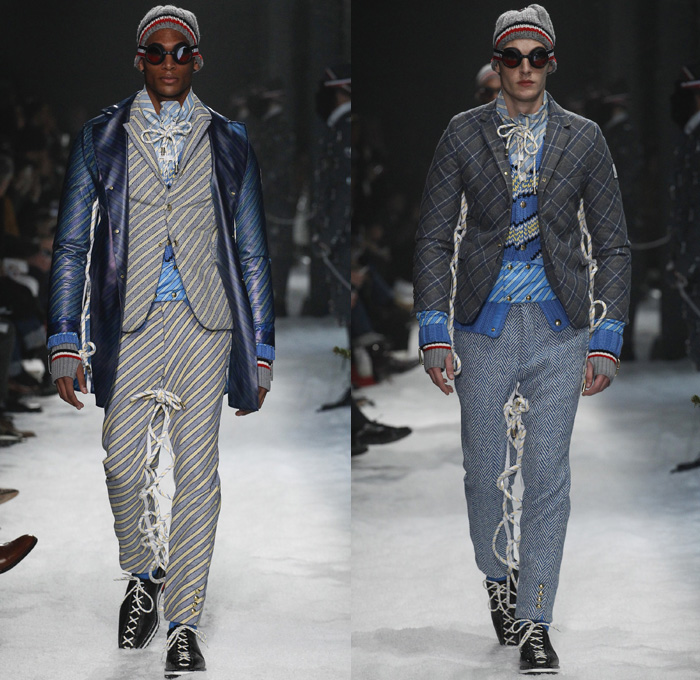 Moncler Gamme Bleu 2017-2018 Fall Autumn Winter Mens Runway Catwalk Looks - Milano Moda Uomo Collezione Milan Fashion Week Italy Thom Browne - Mountain Climbing Activewear Outdoorsman Hiking Trek Bound Tied Up Laced Legs Carabiners Lattice Ropes Cables Cords Net Mesh Tweed Herringbone Intarsia Outerwear Coat Parka Blazer Quilted Waffle Puffer Down Jacket Furry Plush Vest Waistcoat Gilet Chunky Knit Sweater Jumper Turtleneck Fleece Wool Stripes Wide Leg Trousers Baseball Knit Shorts Over Pants Cap Beanie Sunglasses Socks Tucked In Tri-color Backpack Bag Mask Beard Gloves Snow