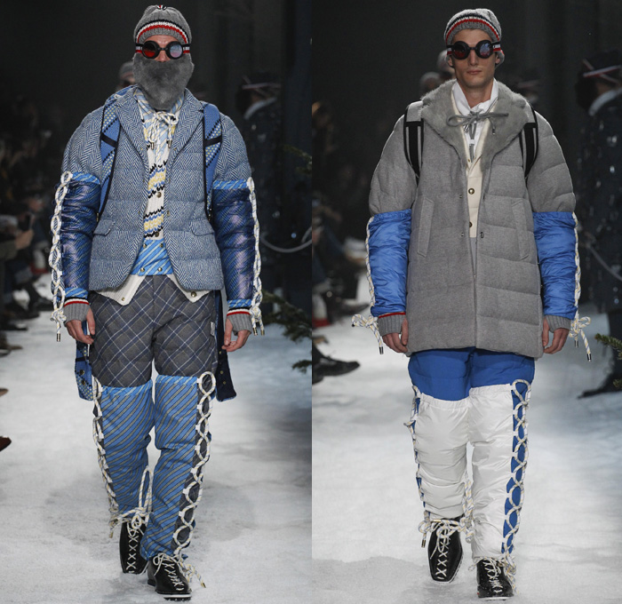 Moncler Gamme Bleu 2017-2018 Fall Autumn Winter Mens Runway Catwalk Looks - Milano Moda Uomo Collezione Milan Fashion Week Italy Thom Browne - Mountain Climbing Activewear Outdoorsman Hiking Trek Bound Tied Up Laced Legs Carabiners Lattice Ropes Cables Cords Net Mesh Tweed Herringbone Intarsia Outerwear Coat Parka Blazer Quilted Waffle Puffer Down Jacket Furry Plush Vest Waistcoat Gilet Chunky Knit Sweater Jumper Turtleneck Fleece Wool Stripes Wide Leg Trousers Baseball Knit Shorts Over Pants Cap Beanie Sunglasses Socks Tucked In Tri-color Backpack Bag Mask Beard Gloves Snow