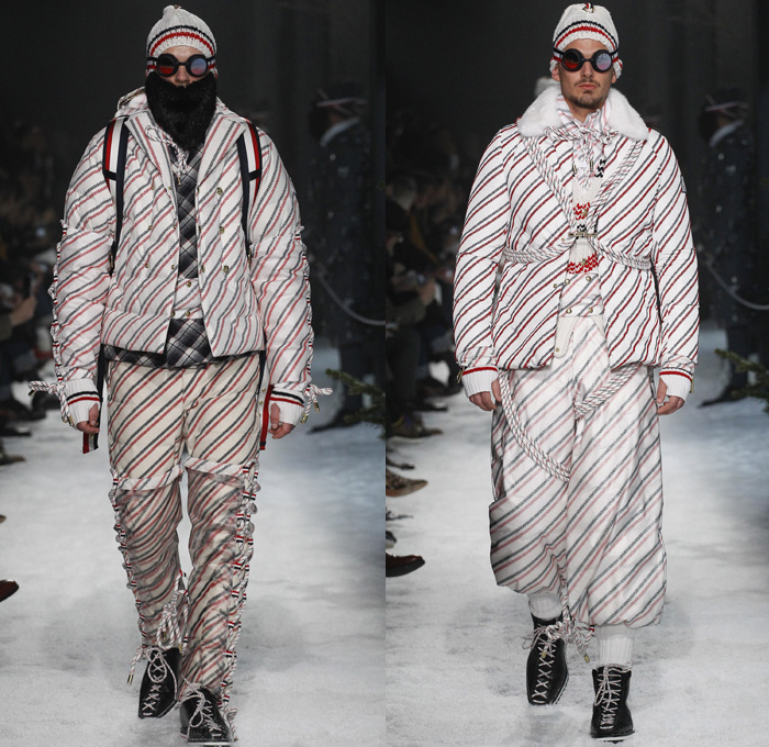 Moncler Gamme Bleu 2017-2018 Fall Autumn Winter Mens Runway Catwalk Looks - Milano Moda Uomo Collezione Milan Fashion Week Italy Thom Browne - Mountain Climbing Activewear Outdoorsman Hiking Trek Bound Tied Up Laced Legs Carabiners Lattice Ropes Cables Cords Net Mesh Tweed Herringbone Intarsia Outerwear Coat Parka Blazer Quilted Waffle Puffer Down Jacket Furry Plush Vest Waistcoat Gilet Chunky Knit Sweater Jumper Turtleneck Fleece Wool Stripes Wide Leg Trousers Baseball Knit Shorts Over Pants Cap Beanie Sunglasses Socks Tucked In Tri-color Backpack Bag Mask Beard Gloves Snow