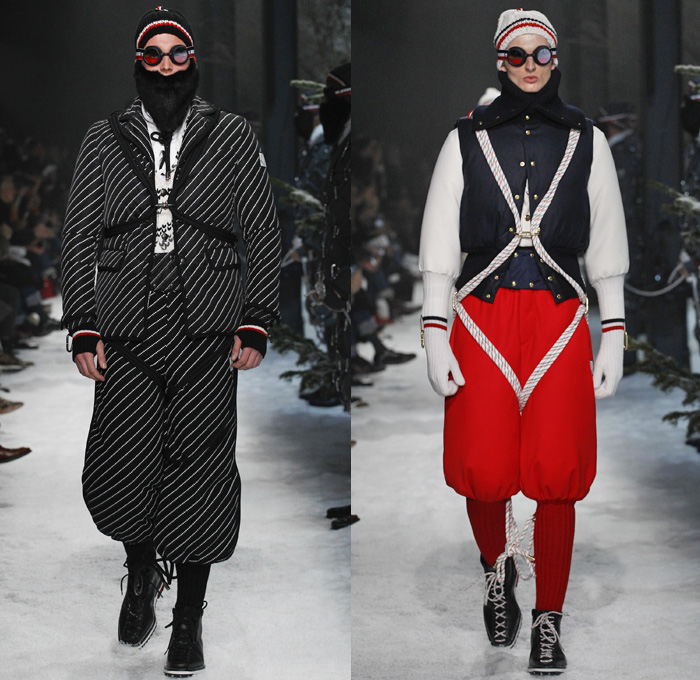 Moncler Gamme Bleu 2017-2018 Fall Autumn Winter Mens Runway Catwalk Looks - Milano Moda Uomo Collezione Milan Fashion Week Italy Thom Browne - Mountain Climbing Activewear Outdoorsman Hiking Trek Bound Tied Up Laced Legs Carabiners Lattice Ropes Cables Cords Net Mesh Tweed Herringbone Intarsia Outerwear Coat Parka Blazer Quilted Waffle Puffer Down Jacket Furry Plush Vest Waistcoat Gilet Chunky Knit Sweater Jumper Turtleneck Fleece Wool Stripes Wide Leg Trousers Baseball Knit Shorts Over Pants Cap Beanie Sunglasses Socks Tucked In Tri-color Backpack Bag Mask Beard Gloves Snow