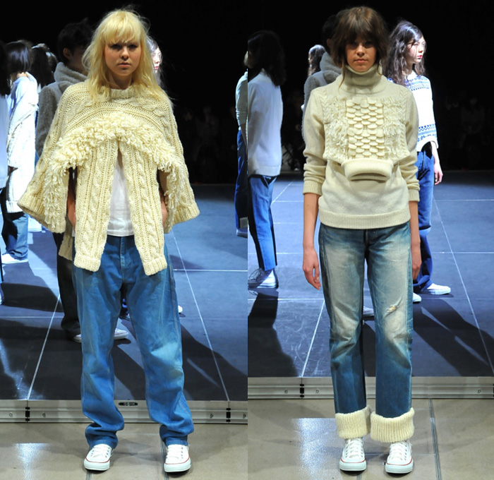 Motohiro Tanji 2017-2018 Fall Winter Womens Runway Catwalk Looks - Amazon Fashion Week Tokyo Japan AmazonFWT - Denim Jeans Leg Panels Chunky Knit Sweater Jumper Pullover Tie Up Wrap Dimensional Structural Organic Shape Sculptural Deconstructed Trompe L'oeil Weave Crochet Layers Turtleneck Shaggy Plush Fur Capelet Hanging Sleeve Ornamental Decorative Art Fairisle Peel Away Torn Ripped Destroyed Destructed Fringes Scarf Shawl Crop Top Midriff Argyle Plaid Tartan Check Sneakers