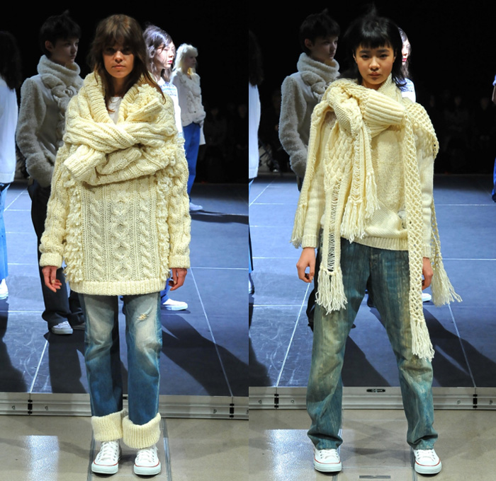 Motohiro Tanji 2017-2018 Fall Winter Womens Runway Catwalk Looks - Amazon Fashion Week Tokyo Japan AmazonFWT - Denim Jeans Leg Panels Chunky Knit Sweater Jumper Pullover Tie Up Wrap Dimensional Structural Organic Shape Sculptural Deconstructed Trompe L'oeil Weave Crochet Layers Turtleneck Shaggy Plush Fur Capelet Hanging Sleeve Ornamental Decorative Art Fairisle Peel Away Torn Ripped Destroyed Destructed Fringes Scarf Shawl Crop Top Midriff Argyle Plaid Tartan Check Sneakers