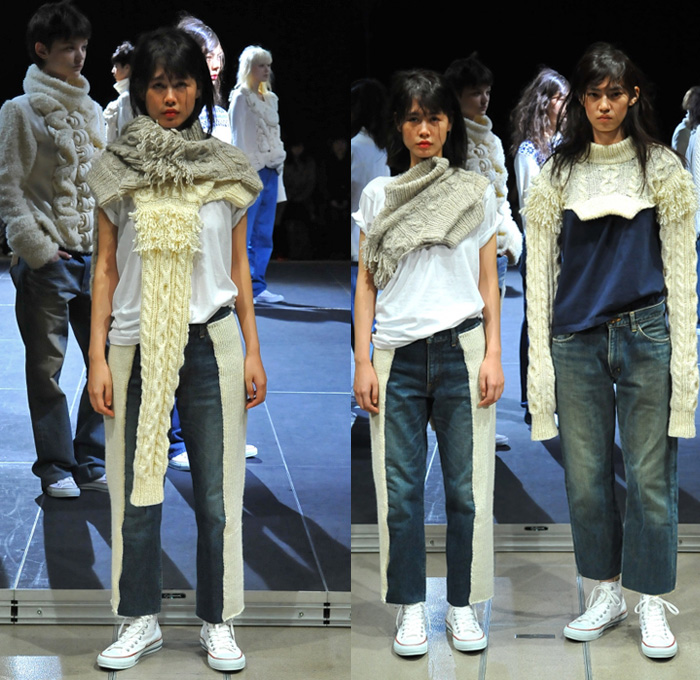 Motohiro Tanji 2017-2018 Fall Winter Womens Runway Catwalk Looks - Amazon Fashion Week Tokyo Japan AmazonFWT - Denim Jeans Leg Panels Chunky Knit Sweater Jumper Pullover Tie Up Wrap Dimensional Structural Organic Shape Sculptural Deconstructed Trompe L'oeil Weave Crochet Layers Turtleneck Shaggy Plush Fur Capelet Hanging Sleeve Ornamental Decorative Art Fairisle Peel Away Torn Ripped Destroyed Destructed Fringes Scarf Shawl Crop Top Midriff Argyle Plaid Tartan Check Sneakers