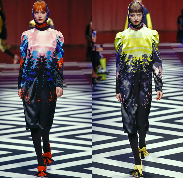 MSGM by Massimo Giorgetti 2017-2018 Fall Autumn Winter Womens Runway Catwalk Looks - Milano Moda Donna Collezione Milan Fashion Week Italy - 1950s Fifties Twin Peaks TV Show Owl Pine Trees Landscape Graphic Roses Flowers Floral Zigzag Stars Silk Satin Maxi Dress Geometric Racing Check Diamonds Skirt Frock Chunky Knit Sweaterdress Accordion Pleats Ruffles Quilted Waffle Puffer Eagle Embroidery Embellishments Decorated Bedazzled Jewels Shaggy Plush Fur Shearling Outerwear Coat Bomber Jacket Mix Mash Up Pinstripe Turtleneck Pantsuit Fringes Tiered Sheer Chiffon Tulle Lace Stripes One Shoulder Headscarf Stockings Tights Tote Handbag Purse Clutch Boots Logo High Street Skirt Over Pants