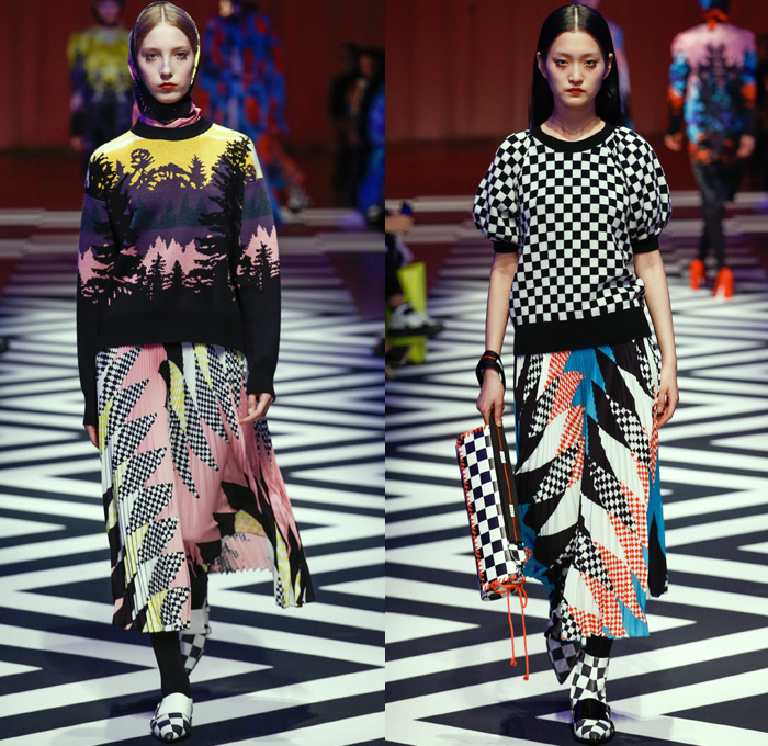 MSGM by Massimo Giorgetti 2017-2018 Fall Autumn Winter Womens Runway Catwalk Looks - Milano Moda Donna Collezione Milan Fashion Week Italy - 1950s Fifties Twin Peaks TV Show Owl Pine Trees Landscape Graphic Roses Flowers Floral Zigzag Stars Silk Satin Maxi Dress Geometric Racing Check Diamonds Skirt Frock Chunky Knit Sweaterdress Accordion Pleats Ruffles Quilted Waffle Puffer Eagle Embroidery Embellishments Decorated Bedazzled Jewels Shaggy Plush Fur Shearling Outerwear Coat Bomber Jacket Mix Mash Up Pinstripe Turtleneck Pantsuit Fringes Tiered Sheer Chiffon Tulle Lace Stripes One Shoulder Headscarf Stockings Tights Tote Handbag Purse Clutch Boots Logo High Street Skirt Over Pants