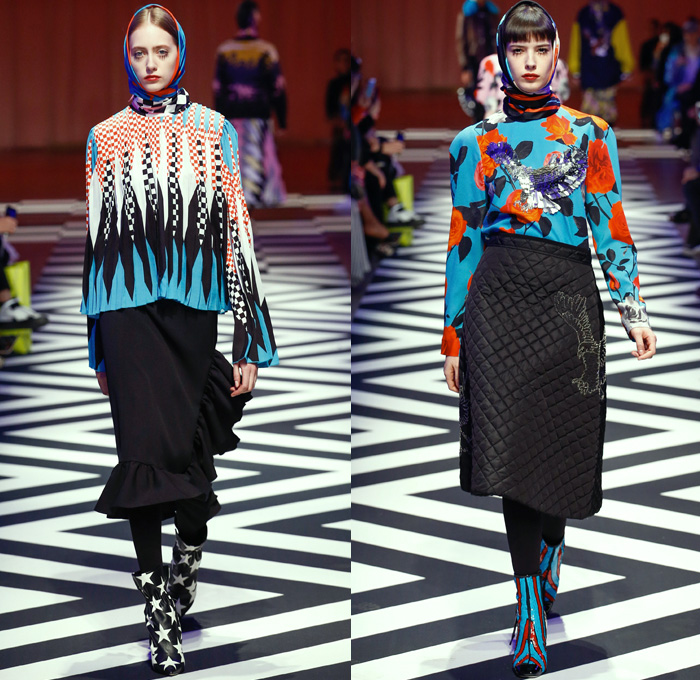 MSGM by Massimo Giorgetti 2017-2018 Fall Autumn Winter Womens Runway Catwalk Looks - Milano Moda Donna Collezione Milan Fashion Week Italy - 1950s Fifties Twin Peaks TV Show Owl Pine Trees Landscape Graphic Roses Flowers Floral Zigzag Stars Silk Satin Maxi Dress Geometric Racing Check Diamonds Skirt Frock Chunky Knit Sweaterdress Accordion Pleats Ruffles Quilted Waffle Puffer Eagle Embroidery Embellishments Decorated Bedazzled Jewels Shaggy Plush Fur Shearling Outerwear Coat Bomber Jacket Mix Mash Up Pinstripe Turtleneck Pantsuit Fringes Tiered Sheer Chiffon Tulle Lace Stripes One Shoulder Headscarf Stockings Tights Tote Handbag Purse Clutch Boots Logo High Street Skirt Over Pants