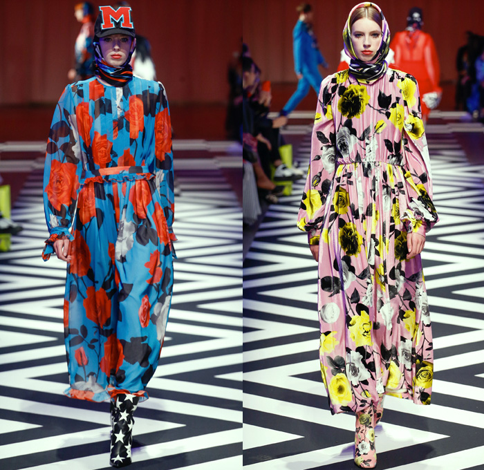 MSGM by Massimo Giorgetti 2017-2018 Fall Autumn Winter Womens Runway Catwalk Looks - Milano Moda Donna Collezione Milan Fashion Week Italy - 1950s Fifties Twin Peaks TV Show Owl Pine Trees Landscape Graphic Roses Flowers Floral Zigzag Stars Silk Satin Maxi Dress Geometric Racing Check Diamonds Skirt Frock Chunky Knit Sweaterdress Accordion Pleats Ruffles Quilted Waffle Puffer Eagle Embroidery Embellishments Decorated Bedazzled Jewels Shaggy Plush Fur Shearling Outerwear Coat Bomber Jacket Mix Mash Up Pinstripe Turtleneck Pantsuit Fringes Tiered Sheer Chiffon Tulle Lace Stripes One Shoulder Headscarf Stockings Tights Tote Handbag Purse Clutch Boots Logo High Street Skirt Over Pants