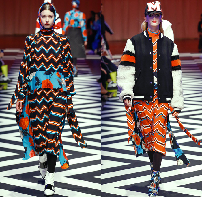 MSGM by Massimo Giorgetti 2017-2018 Fall Autumn Winter Womens Runway Catwalk Looks - Milano Moda Donna Collezione Milan Fashion Week Italy - 1950s Fifties Twin Peaks TV Show Owl Pine Trees Landscape Graphic Roses Flowers Floral Zigzag Stars Silk Satin Maxi Dress Geometric Racing Check Diamonds Skirt Frock Chunky Knit Sweaterdress Accordion Pleats Ruffles Quilted Waffle Puffer Eagle Embroidery Embellishments Decorated Bedazzled Jewels Shaggy Plush Fur Shearling Outerwear Coat Bomber Jacket Mix Mash Up Pinstripe Turtleneck Pantsuit Fringes Tiered Sheer Chiffon Tulle Lace Stripes One Shoulder Headscarf Stockings Tights Tote Handbag Purse Clutch Boots Logo High Street Skirt Over Pants