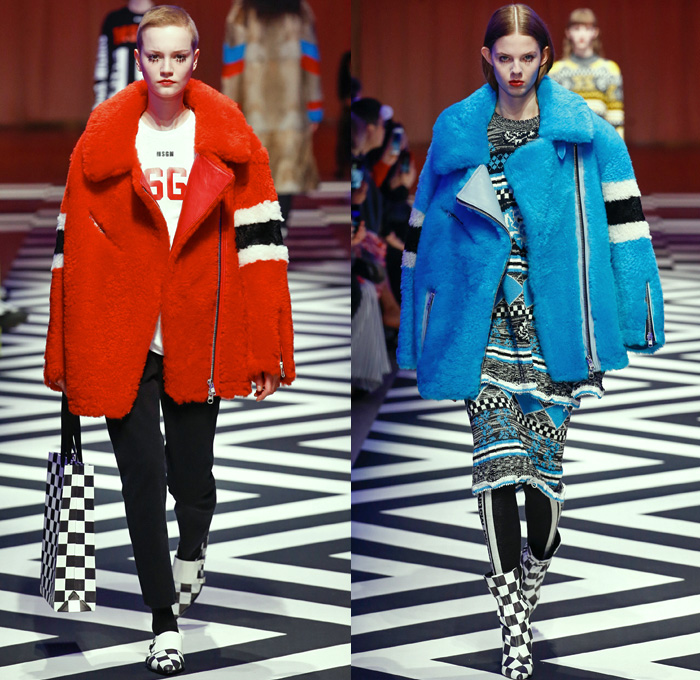 MSGM by Massimo Giorgetti 2017-2018 Fall Autumn Winter Womens Runway Catwalk Looks - Milano Moda Donna Collezione Milan Fashion Week Italy - 1950s Fifties Twin Peaks TV Show Owl Pine Trees Landscape Graphic Roses Flowers Floral Zigzag Stars Silk Satin Maxi Dress Geometric Racing Check Diamonds Skirt Frock Chunky Knit Sweaterdress Accordion Pleats Ruffles Quilted Waffle Puffer Eagle Embroidery Embellishments Decorated Bedazzled Jewels Shaggy Plush Fur Shearling Outerwear Coat Bomber Jacket Mix Mash Up Pinstripe Turtleneck Pantsuit Fringes Tiered Sheer Chiffon Tulle Lace Stripes One Shoulder Headscarf Stockings Tights Tote Handbag Purse Clutch Boots Logo High Street Skirt Over Pants