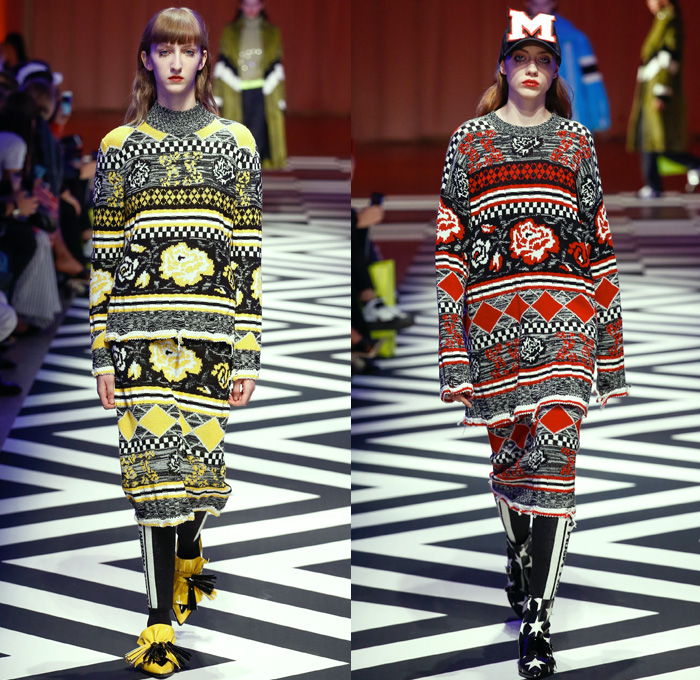 MSGM by Massimo Giorgetti 2017-2018 Fall Autumn Winter Womens Runway Catwalk Looks - Milano Moda Donna Collezione Milan Fashion Week Italy - 1950s Fifties Twin Peaks TV Show Owl Pine Trees Landscape Graphic Roses Flowers Floral Zigzag Stars Silk Satin Maxi Dress Geometric Racing Check Diamonds Skirt Frock Chunky Knit Sweaterdress Accordion Pleats Ruffles Quilted Waffle Puffer Eagle Embroidery Embellishments Decorated Bedazzled Jewels Shaggy Plush Fur Shearling Outerwear Coat Bomber Jacket Mix Mash Up Pinstripe Turtleneck Pantsuit Fringes Tiered Sheer Chiffon Tulle Lace Stripes One Shoulder Headscarf Stockings Tights Tote Handbag Purse Clutch Boots Logo High Street Skirt Over Pants