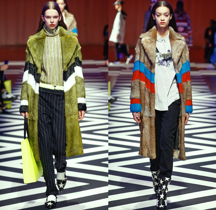 MSGM by Massimo Giorgetti 2017-2018 Fall Autumn Winter Womens Runway Catwalk Looks - Milano Moda Donna Collezione Milan Fashion Week Italy - 1950s Fifties Twin Peaks TV Show Owl Pine Trees Landscape Graphic Roses Flowers Floral Zigzag Stars Silk Satin Maxi Dress Geometric Racing Check Diamonds Skirt Frock Chunky Knit Sweaterdress Accordion Pleats Ruffles Quilted Waffle Puffer Eagle Embroidery Embellishments Decorated Bedazzled Jewels Shaggy Plush Fur Shearling Outerwear Coat Bomber Jacket Mix Mash Up Pinstripe Turtleneck Pantsuit Fringes Tiered Sheer Chiffon Tulle Lace Stripes One Shoulder Headscarf Stockings Tights Tote Handbag Purse Clutch Boots Logo High Street Skirt Over Pants