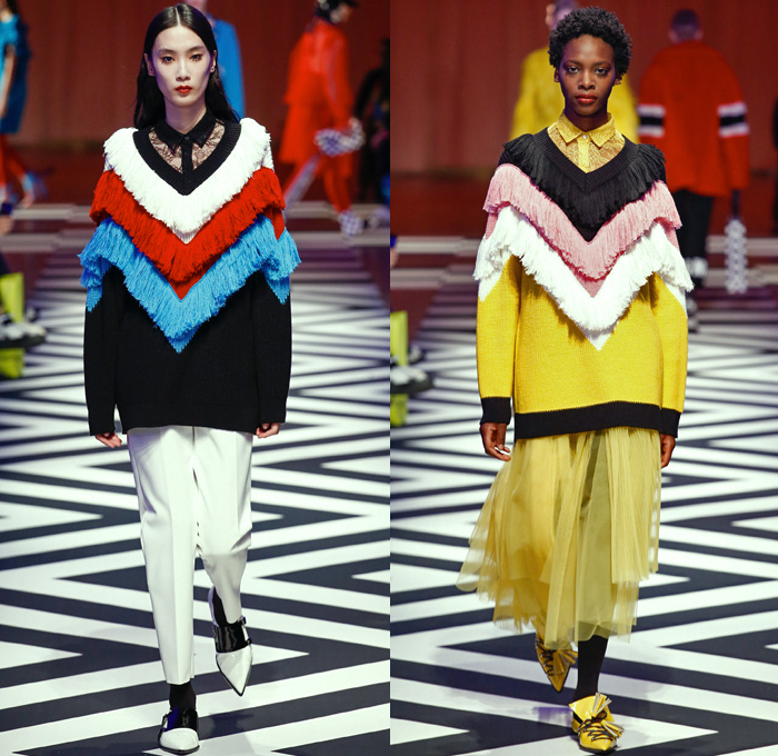 MSGM by Massimo Giorgetti 2017-2018 Fall Autumn Winter Womens Runway Catwalk Looks - Milano Moda Donna Collezione Milan Fashion Week Italy - 1950s Fifties Twin Peaks TV Show Owl Pine Trees Landscape Graphic Roses Flowers Floral Zigzag Stars Silk Satin Maxi Dress Geometric Racing Check Diamonds Skirt Frock Chunky Knit Sweaterdress Accordion Pleats Ruffles Quilted Waffle Puffer Eagle Embroidery Embellishments Decorated Bedazzled Jewels Shaggy Plush Fur Shearling Outerwear Coat Bomber Jacket Mix Mash Up Pinstripe Turtleneck Pantsuit Fringes Tiered Sheer Chiffon Tulle Lace Stripes One Shoulder Headscarf Stockings Tights Tote Handbag Purse Clutch Boots Logo High Street Skirt Over Pants