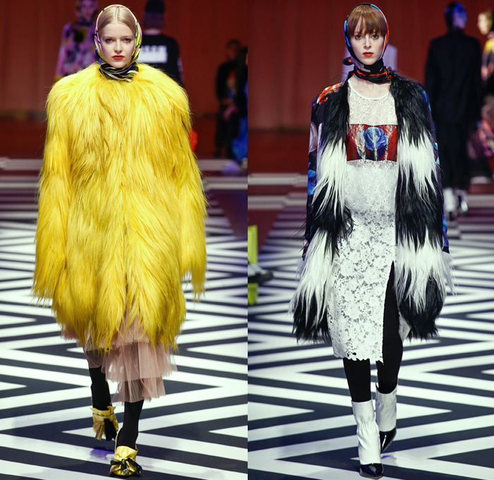 MSGM by Massimo Giorgetti 2017-2018 Fall Autumn Winter Womens Runway Catwalk Looks - Milano Moda Donna Collezione Milan Fashion Week Italy - 1950s Fifties Twin Peaks TV Show Owl Pine Trees Landscape Graphic Roses Flowers Floral Zigzag Stars Silk Satin Maxi Dress Geometric Racing Check Diamonds Skirt Frock Chunky Knit Sweaterdress Accordion Pleats Ruffles Quilted Waffle Puffer Eagle Embroidery Embellishments Decorated Bedazzled Jewels Shaggy Plush Fur Shearling Outerwear Coat Bomber Jacket Mix Mash Up Pinstripe Turtleneck Pantsuit Fringes Tiered Sheer Chiffon Tulle Lace Stripes One Shoulder Headscarf Stockings Tights Tote Handbag Purse Clutch Boots Logo High Street Skirt Over Pants