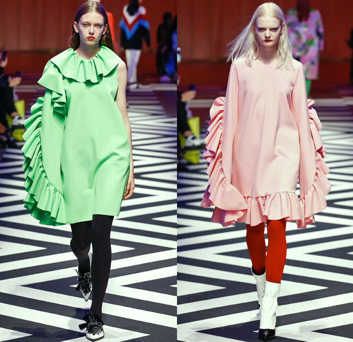 MSGM by Massimo Giorgetti 2017-2018 Fall Autumn Winter Womens Runway Catwalk Looks - Milano Moda Donna Collezione Milan Fashion Week Italy - 1950s Fifties Twin Peaks TV Show Owl Pine Trees Landscape Graphic Roses Flowers Floral Zigzag Stars Silk Satin Maxi Dress Geometric Racing Check Diamonds Skirt Frock Chunky Knit Sweaterdress Accordion Pleats Ruffles Quilted Waffle Puffer Eagle Embroidery Embellishments Decorated Bedazzled Jewels Shaggy Plush Fur Shearling Outerwear Coat Bomber Jacket Mix Mash Up Pinstripe Turtleneck Pantsuit Fringes Tiered Sheer Chiffon Tulle Lace Stripes One Shoulder Headscarf Stockings Tights Tote Handbag Purse Clutch Boots Logo High Street Skirt Over Pants