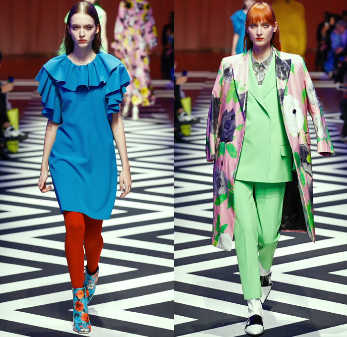 MSGM by Massimo Giorgetti 2017-2018 Fall Autumn Winter Womens Runway Catwalk Looks - Milano Moda Donna Collezione Milan Fashion Week Italy - 1950s Fifties Twin Peaks TV Show Owl Pine Trees Landscape Graphic Roses Flowers Floral Zigzag Stars Silk Satin Maxi Dress Geometric Racing Check Diamonds Skirt Frock Chunky Knit Sweaterdress Accordion Pleats Ruffles Quilted Waffle Puffer Eagle Embroidery Embellishments Decorated Bedazzled Jewels Shaggy Plush Fur Shearling Outerwear Coat Bomber Jacket Mix Mash Up Pinstripe Turtleneck Pantsuit Fringes Tiered Sheer Chiffon Tulle Lace Stripes One Shoulder Headscarf Stockings Tights Tote Handbag Purse Clutch Boots Logo High Street Skirt Over Pants