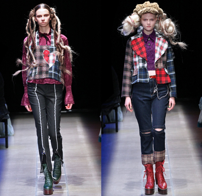 Murral 2017-2018 Fall Winter Womens Runway Catwalk Looks - Amazon Fashion Week Tokyo Japan AmazonFWT - Neck Ruffle Cardigan Blouse Long Sleeve Shirt Plaid Tartan Check Mix Match Mash Up Cutout Knees Crop Top Midriff Colorblock Half Split Flowers Floral Lace Embroidery Maxi Dress Plush Fur Shearling Turtleneck Lace Up Stripes Velour Velvet Ornamental Decorative Art Wide Leg Trousers Palazzo Pants Sleepwear Pajamas Lounge Hearts Embroidery Denim Jeans Oversized Outerwear Coat  Boots Socks Hair Extensions Newspaperboy Applejack Hat Flat Cap